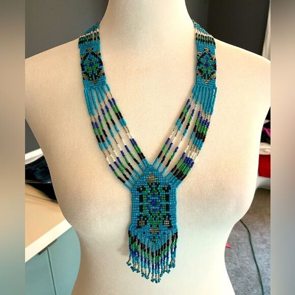 Southwest Turquoise Adjustable Seed Bead Fringe Bib Necklace - Picture 1 of 4
